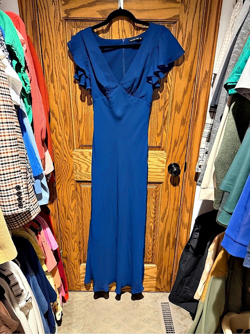Abercrombie & Fitch Flutter Sleeve Dipped Waist Maxi Dress Blue Small